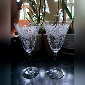 Pair 1940s Morgantown Mayfair Crystal Optic Wine Glasses Etched Water Goblets